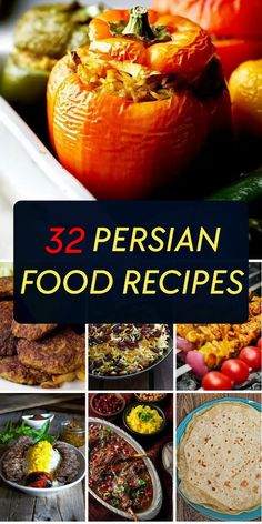 the cover of 32 persian food recipes with pictures of different types of foods and vegetables