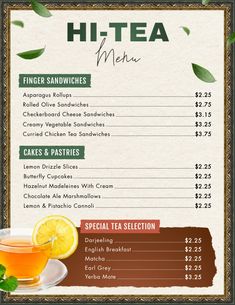 a menu with tea and lemons on it