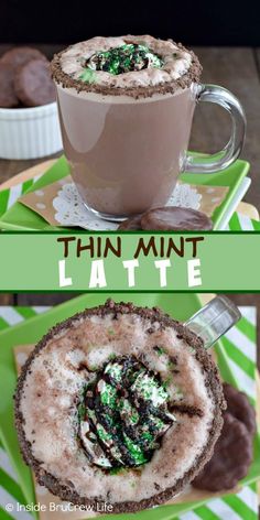 two pictures showing different types of chocolate and marshmallows in mugs with the words thin mint latte