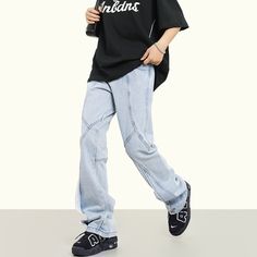 5ft 5''(166cm) tall, 97 lbs(44kg) weight and wearing a size M163cm/44kg wearing a size S - Reconstructed- LIGHT BLUE- Straight fit- Denim Blue Baggy Flare Jeans For Streetwear, Light Blue Relaxed Fit Full Length Jeans, Trendy Light Blue Pants For Streetwear, Light Blue Straight-leg Pants For Streetwear, Light Blue Straight Leg Pants For Streetwear, Urban High-rise Blue Flare Jeans, Urban High Rise Blue Flare Jeans, Light Blue High Rise Streetwear Bottoms, Light Blue Full-length Denim Jeans