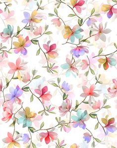 watercolor flowers on a white background with green stems and pink, blue, yellow, purple, red leaves