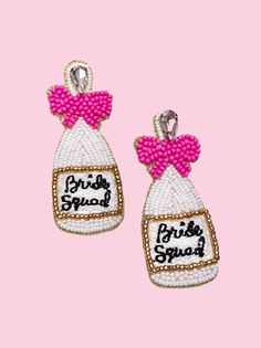 Get ready to rock with our Bride Squad Bottle Earrings! These earrings are made with nickel-free surgical steel and have a felt-back, making them super light and perfect for all-day wear. Scarf Coverup, Rebecca Black, Bottle Earrings, Lake Charles, Kids Scarf, Bride Earrings, Bride Squad, Back Jewelry, Holiday Jewelry