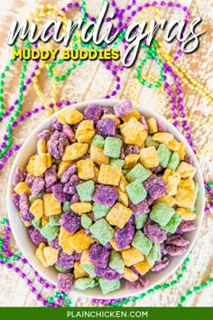 mardi gras muddy buddies in a white bowl