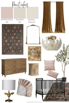 a collage of furniture and decor in shades of brown, pink, gold, and white