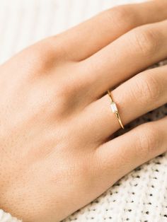 We're in LOVE with our dainty baguette ring. It's perfect for stacking with other rings, and looks amazing worn alone. 14k vermeil - perfect for everyday wear. Find more at Simple & Dainty! Dainty Baguette Cut Jewelry, Dainty Baguette Diamond Promise Ring, Dainty Diamond Baguette Cut Ring, Dainty Baguette Cut Rings Gift, Minimalist 14k Gold Baguette Ring, Layering Inspiration, Modern Silver Jewelry, Sweet Ring, Dainty Rings