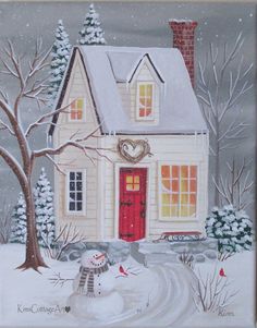 a painting of a house with a red door and snowman in the front yard