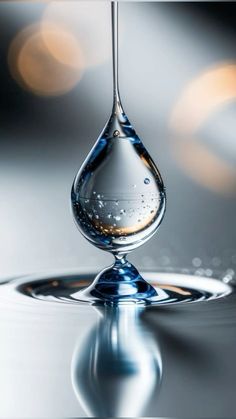 a drop of water that is floating in the air with some light reflecting off it's surface