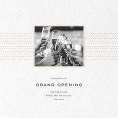 a card with the words grand opening and three people toasting wine glasses