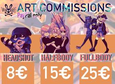 an advertisement for art comissions with cartoon characters on the front and back sides