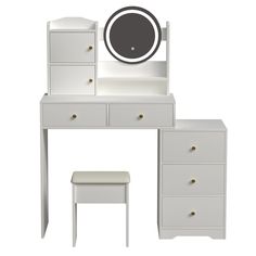 a white desk with two drawers and a mirror on the top shelf, next to a stool