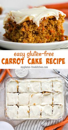 carrot cake with white frosting on top and an image of carrots in the background