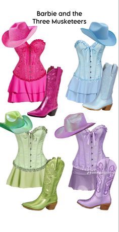 several different colored cowboy boots and hats with text that reads barbie and the three muskers