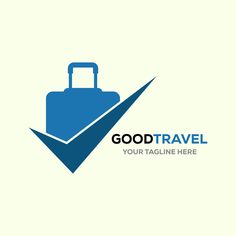 a blue suitcase with the words good travel on it and an arrow pointing to it