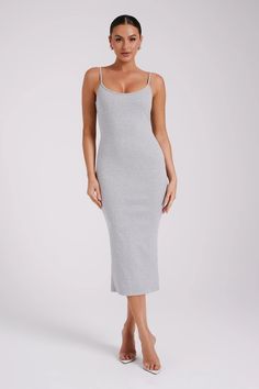 Alexis Ribbed Cami Midi Dress - Grey Marle - MESHKI U.S Midi Dress Layering, Minimal Dresses, Make A Dress, Dress Minimal, Alexis Dress, Cami Midi Dress, Sporty Dress, Grey Midi Dress, Midi Dress Style