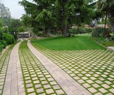 a walkway made out of pavers with trees in the background and grass on both sides