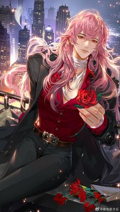 a woman with long pink hair sitting on top of a roof next to a red rose