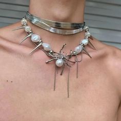 45966595457283 Cool Beaded Jewelry, Silver And Pearl Jewelry, Spike Choker, Jewelry Grunge, Spider Queen, Hand Sanitizers, Collar Chain, Multi Layer Necklace, Silver Choker