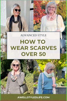 When it comes to an everyday chic accessory for stylish older women, a scarf can be a great seasonal fashion wardrobe staple. A Well Styled Life shares 9 ways to wear a scarf and more fashion styling tips for women over 50. Follow for more women's advanced style tips. Wide Scarf How To Wear A, How To Style Your Scarf, How To Style A Scarf Ways To Tie Scarves, How To Tie Scarves Around Neck, How To Tie A Big Scarf, How To Wear A Scarf With A Collar Shirt, How To Tie Large Scarf, Infinity Scarf How To Wear, Oblong Scarf Tying Ideas