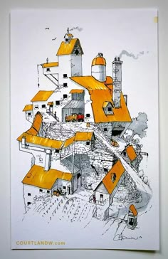 a drawing of a house with orange roofs and chimneys on the top of it