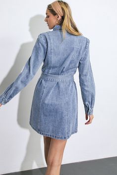 A washed denim mini dress featuring shirt collar, button down, long sleeve and self sash tie Elevate your wardrobe with our BE A LIGHT DENIM MINI DRESS. Crafted from premium washed denim, this mini dress features a classic shirt collar, button down front, and long sleeves for a chic and timeless look. The self sash tie adds a touch of sophistication to this must-have piece. Channel effortless elegance with our dress. Details:Self : 92% Cotton 8% PolyesterSize & Fit- Model is 5`8" And Wearing Siz Sequin Flare Pants, Velvet Flare Pants, Be A Light, Velvet Flares, Tank Top Dress, Bell Bottom Pants, Denim Mini Dress, Suede Fringe, Effortless Elegance