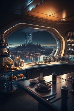 a futuristic kitchen with a view of the city from it's window sill