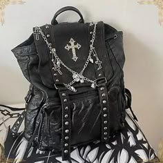 Stylish Black Leather Womens Y2K Bag Chain Cross Gothic Luxury Fashion Backpack  | eBay Gothic Backpacks, Skeleton Fashion, Pinterest Pretty, Gothic Kawaii, Leather School Backpack, Y2k Girls, Aesthetic Backpack, Backpacks For Women, Summer Styling