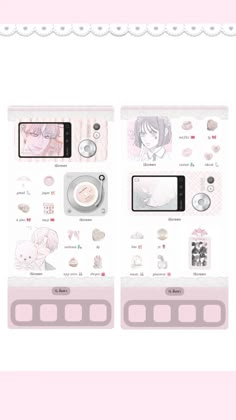 two pink and white wallpapers with various items on them