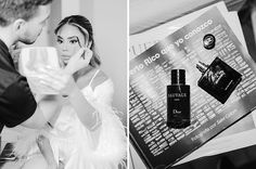 a man and woman standing next to each other in front of a poster with perfumes on it