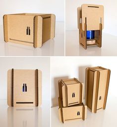 four different views of an open cardboard box