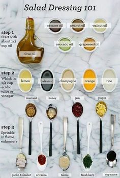 an image of the ingredients for salad dressing on facebook, including spoons and seasonings