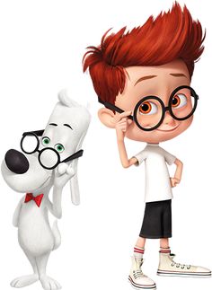 a cartoon boy with glasses standing next to a white dog