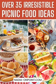 there are many different foods and drinks on this table with the words over 35 irresistiblely picnic