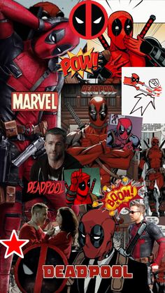 deadpool collage with deadpool and deadpool in the background, surrounded by other deadpool characters