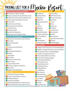 the packing list for mexico resort is shown in this printable version, which includes luggage and