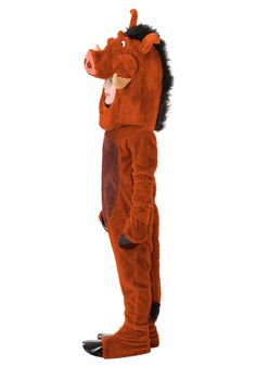 a man in an orange horse costume standing on one leg and his mouth is open