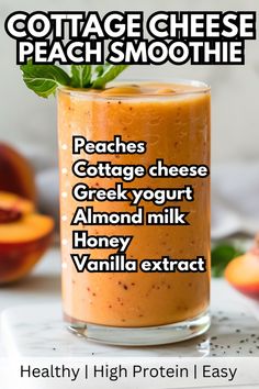 a smoothie with peaches, cottage cheese and greek yogurt in it