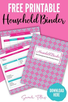 the free printable household binder is shown in pink and blue with text overlay