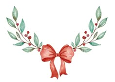 a watercolor drawing of a bow with leaves and berries on the side, in red