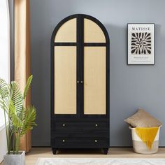 a black and beige cabinet sitting in a living room next to a potted plant