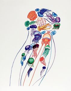 a drawing of jellyfishs floating in the water with their tails spread out and colorfully colored