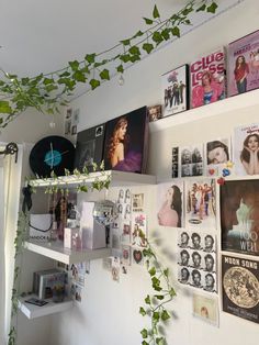 there are many pictures on the wall and plants in the corner, along with records