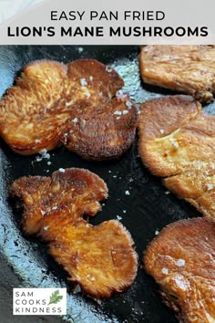 fried lion's mane mushrooms in a pan with text overlay