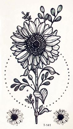 a black and white drawing of a sunflower