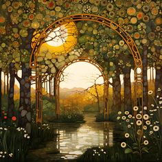 a painting of an archway leading into a forest filled with trees and flowers at sunset