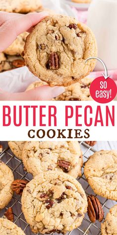 butter pecan cookies on a cooling rack with text overlay