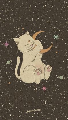 a white cat sitting on top of a star filled sky