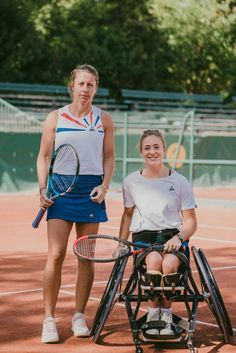 a woman in a wheelchair with a tennis player