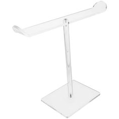 a clear plastic stand with two arms and one arm extended to the side, on a white background