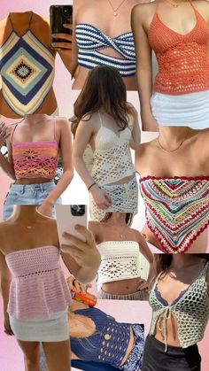 many different types of crocheted clothing are shown in this collage, including tank tops and shorts