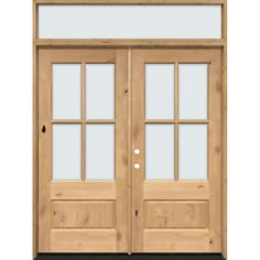 a pair of double doors with glass panels on the front and side windows in light wood